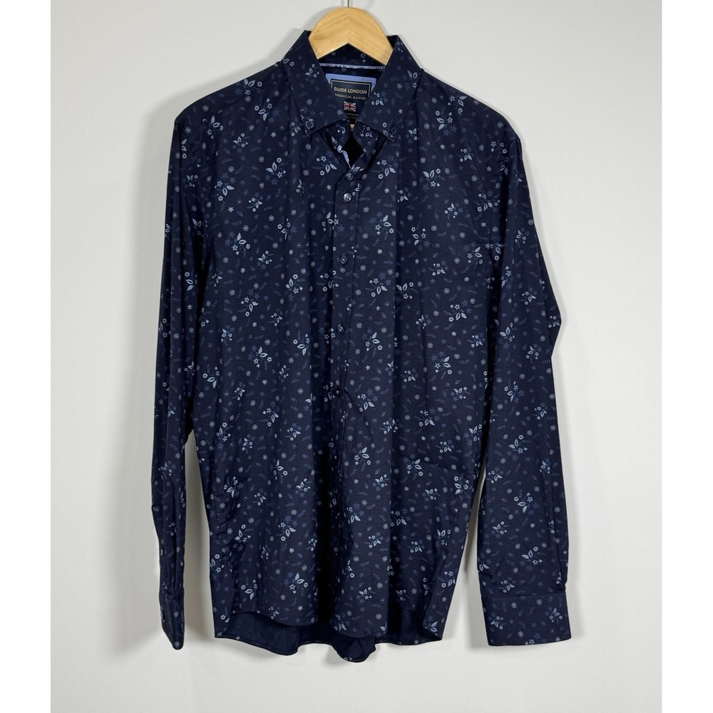 Genuine London Men's L Navy Ditsy Floral Print Shirt‎ Long Sleeve Button Front